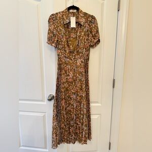 Mango gold floral pleated dress